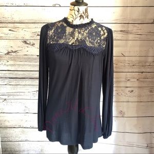 B Collection by Bobeau Navy lace detail top